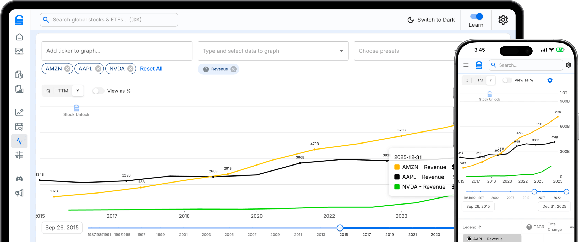 Stock Comparison charting tool showing AAPL vs MSFT revenue comparison on desktop
