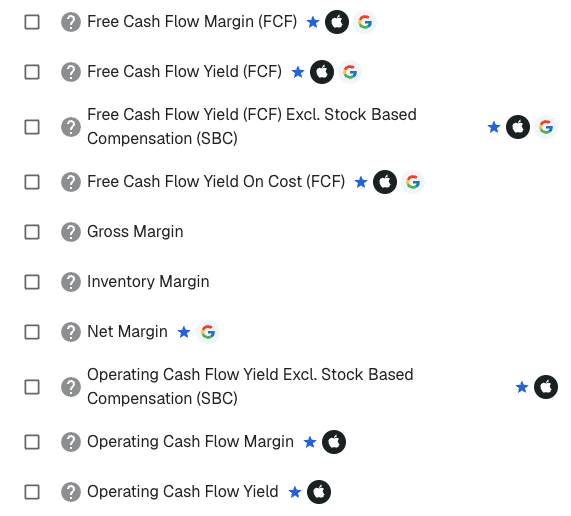 Stock Comparison metric picker showing blue star icons and company logos beside recommended metrics for AAPL and GOOGL