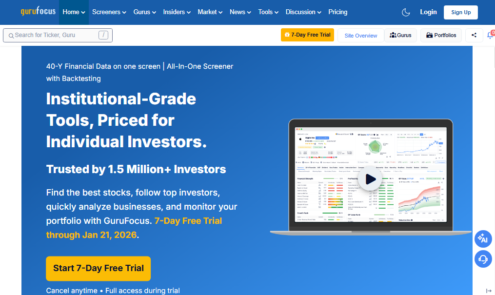 GuruFocus homepage showing institutional-grade tools for individual investors