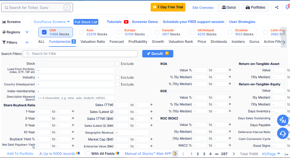 GuruFocus All-in-One Screener interface with multiple filtering options