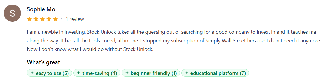 Stock Unlock user testimonial from Product Hunt