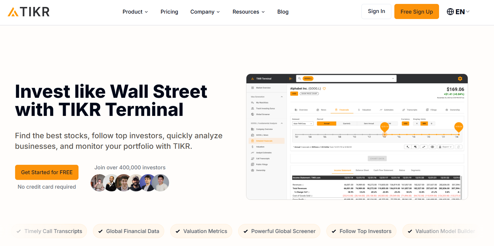 TIKR institutional-grade stock analysis platform homepage