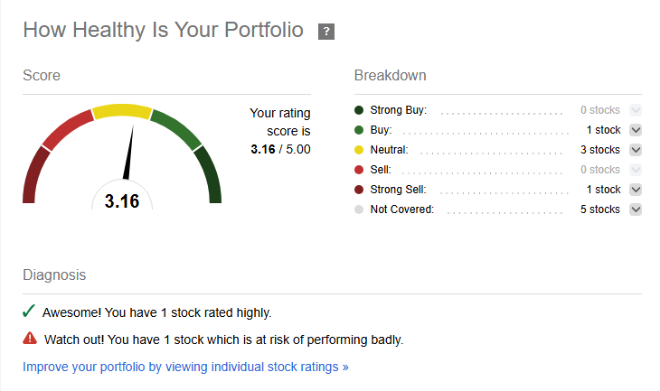 Seeking Alpha Portfolio Health Score showing portfolio tracking features