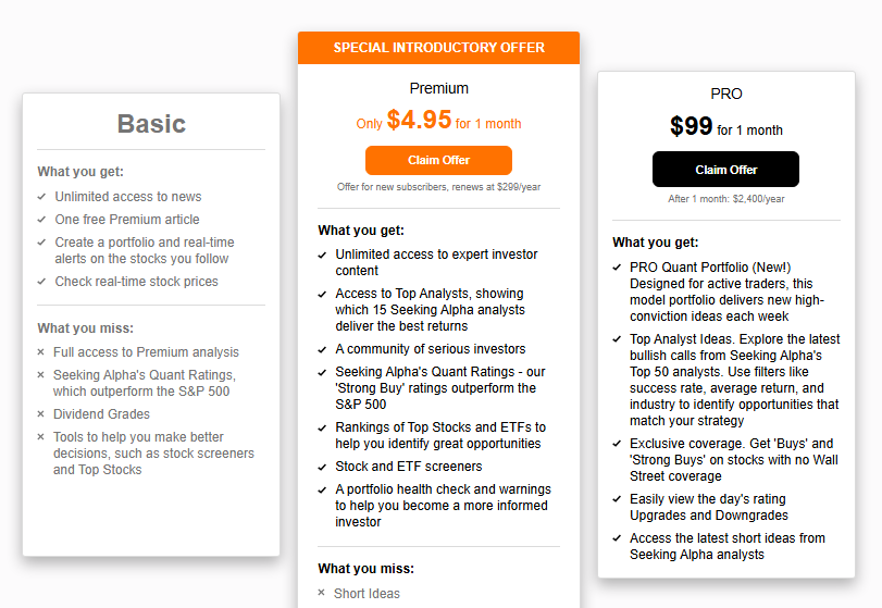 Seeking Alpha pricing showing Basic, Premium, and PRO subscription tiers
