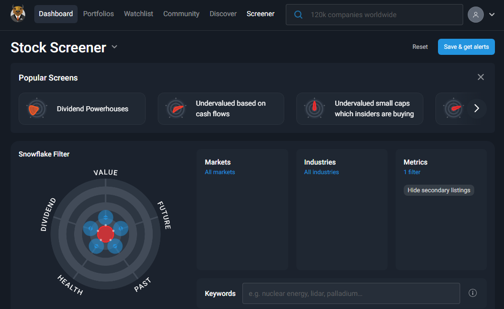 Simply Wall St Stock Screener with Snowflake visualization showing the five key dimensions