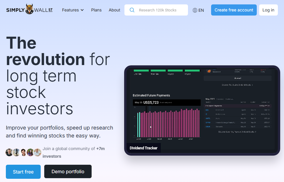 Simply Wall St homepage showing visual stock analysis platform