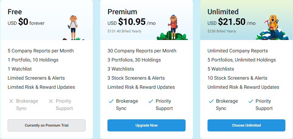 Simply Wall St pricing page showing subscription options