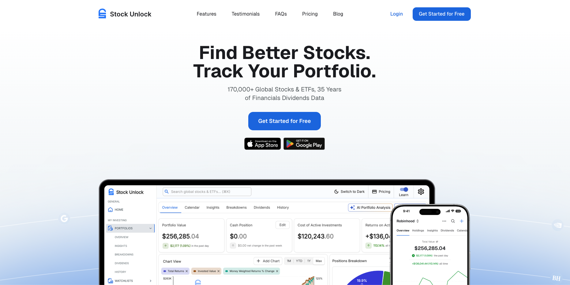 Stock Unlock homepage showing Find Better Stocks Track Your Portfolio with portfolio tracking interface
