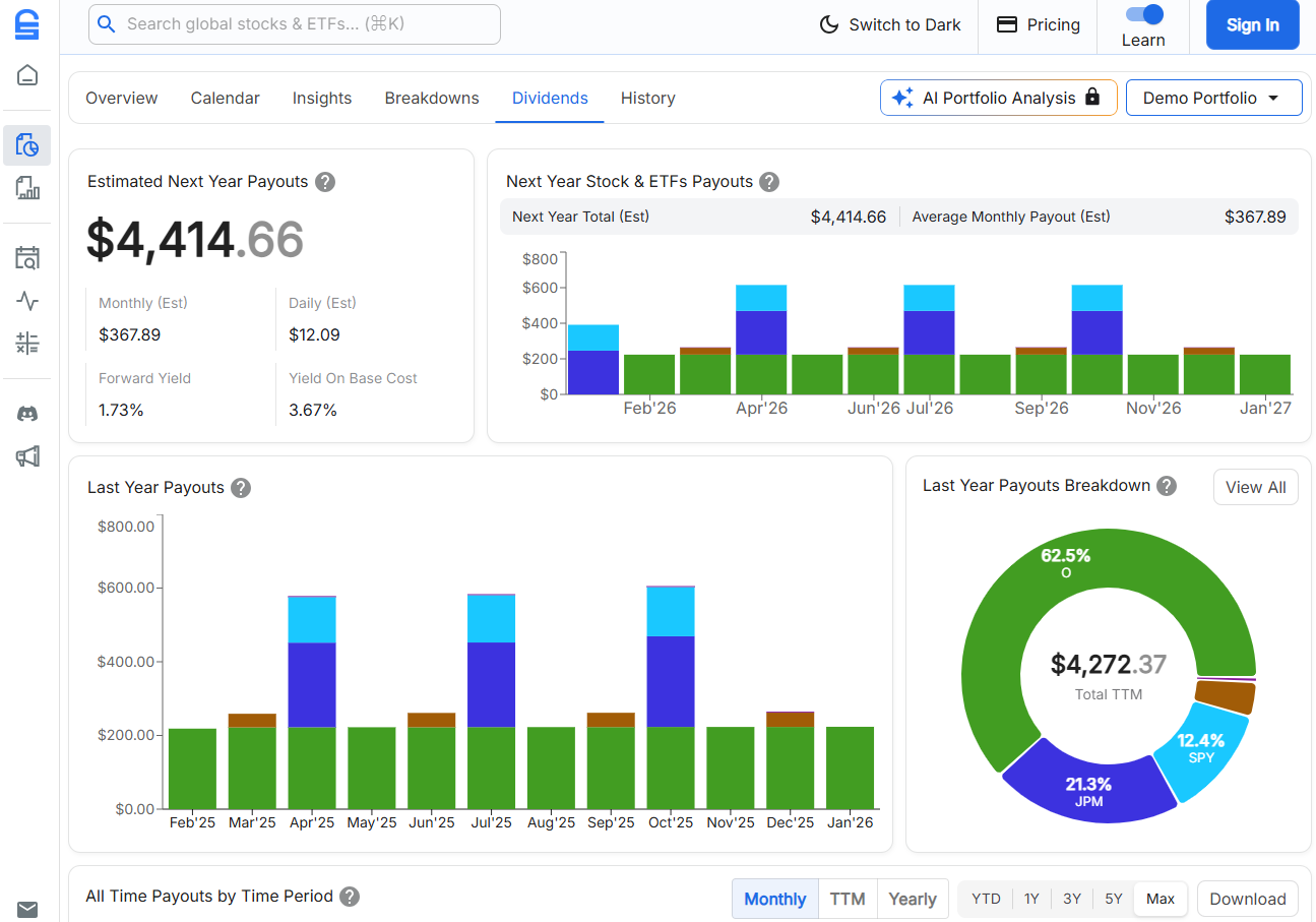 Stock Unlock dividend tracking showing income projections and dividend calendar
