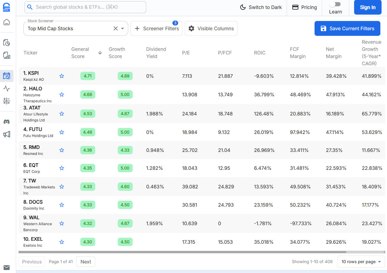Stock Unlock stock screener with 40+ filters and industry-specific scoring