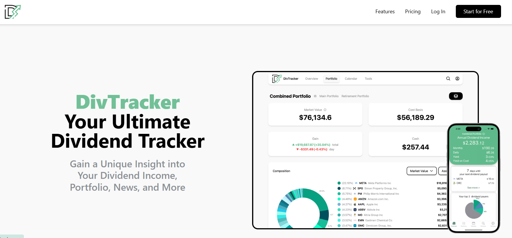 DivTracker dividend tracking application showing Your Ultimate Dividend Tracker