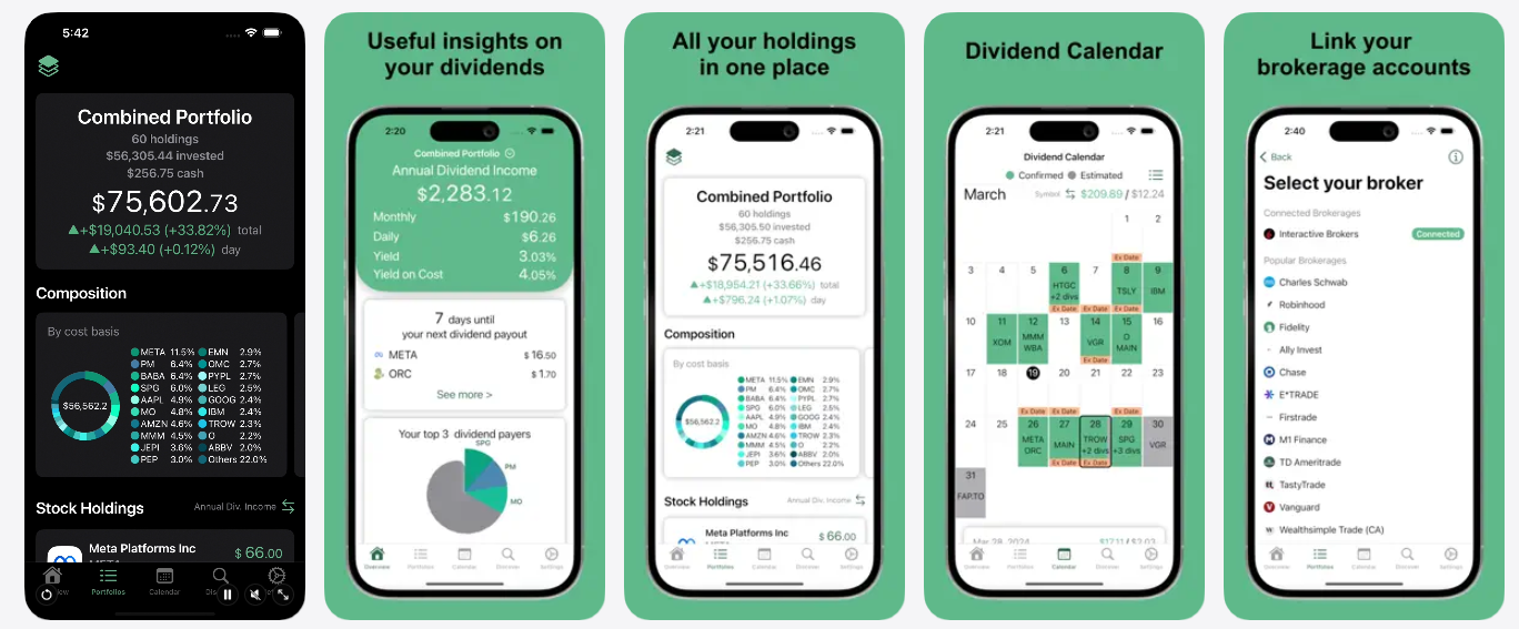 DivTracker mobile app screenshots showing Combined Portfolio, dividend insights, calendar, and brokerage linking features