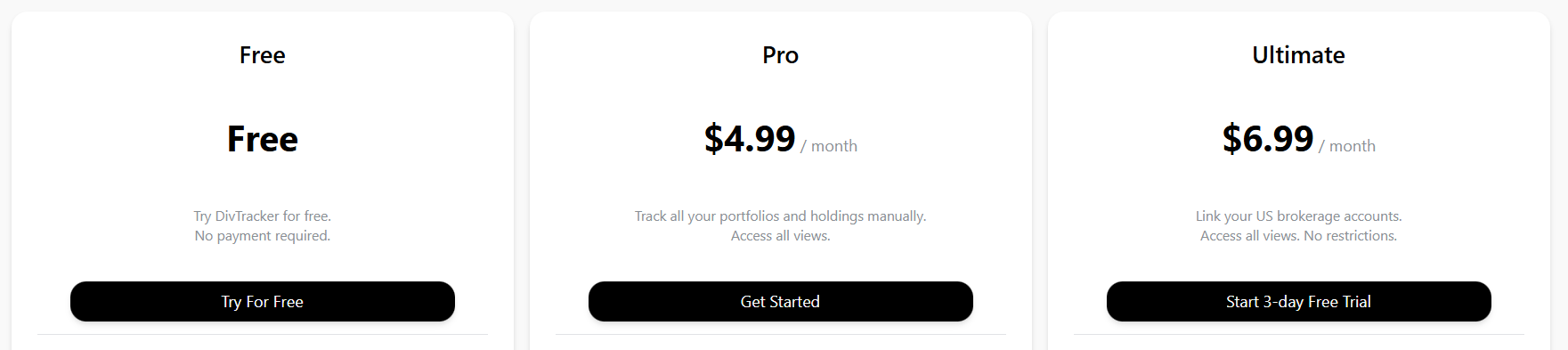 DivTracker pricing plans showing Free, Pro $4.99/month, and Ultimate $6.99/month options
