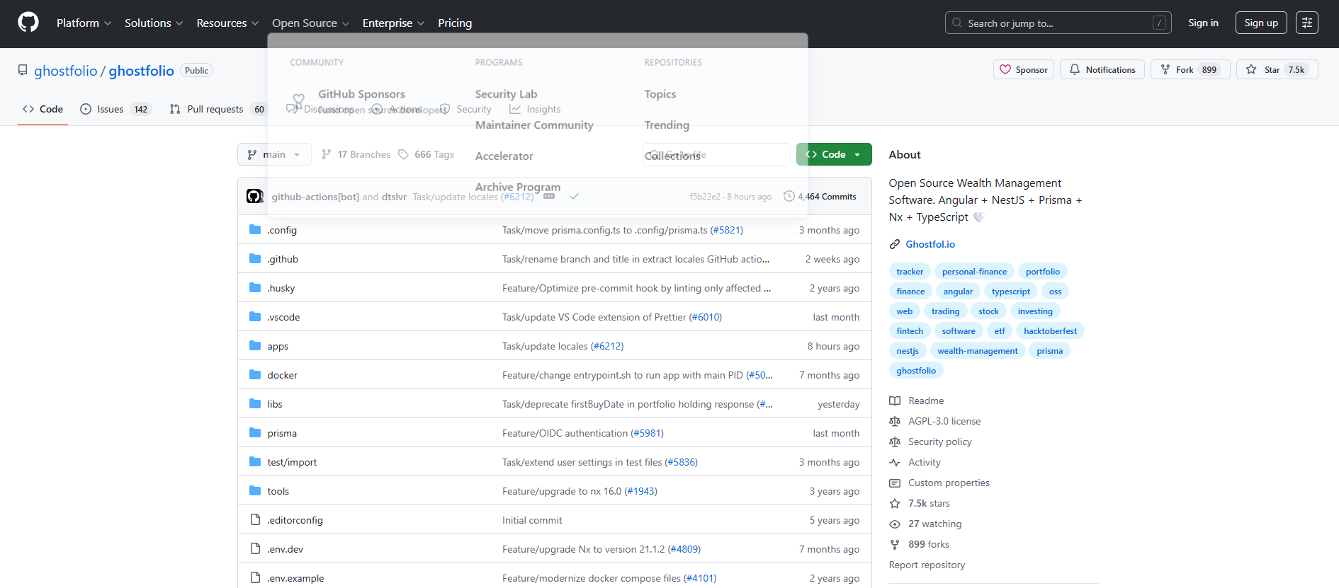 Ghostfolio GitHub repository showing open source codebase