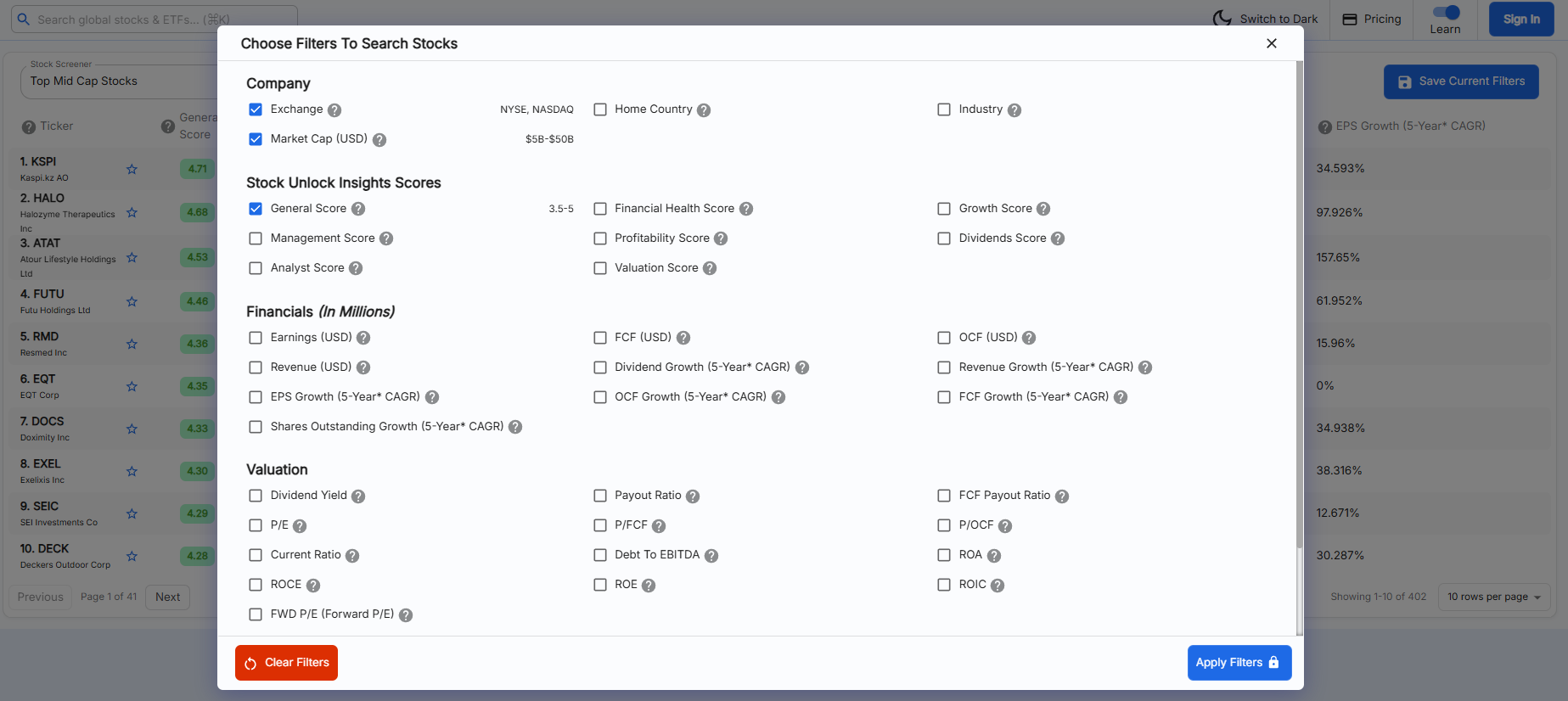 Stock Unlock Advanced Stock Search screener