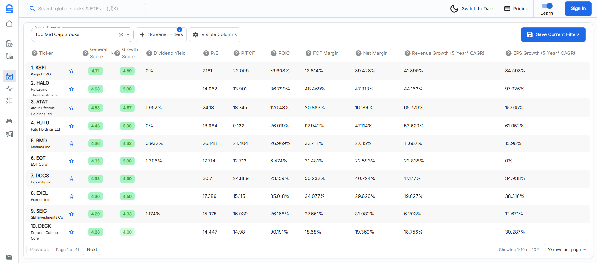 Stock Unlock screener showing stock scores and filters
