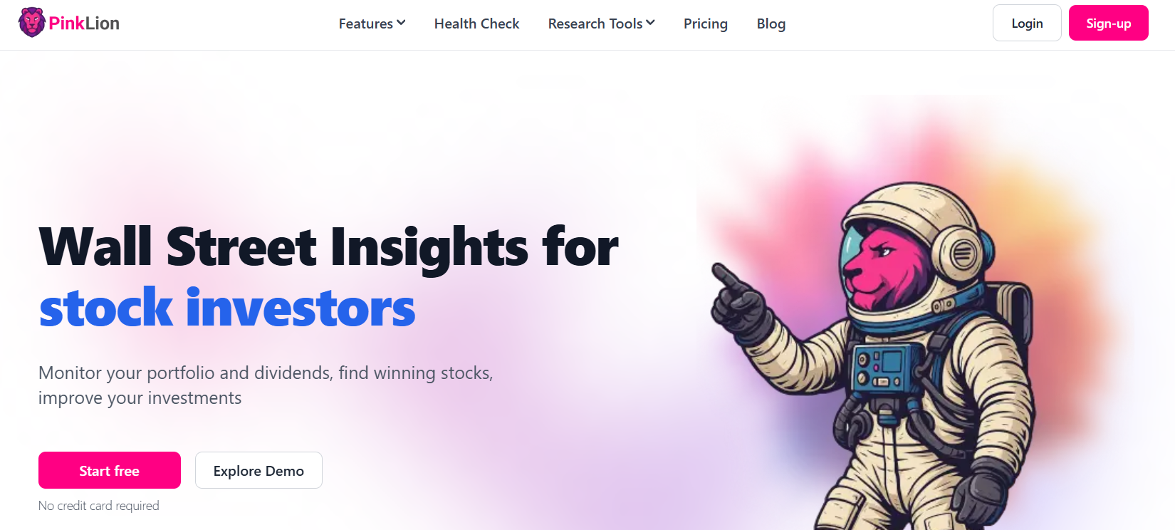 PinkLion AI-powered investment platform showing Wall Street Insights for stock investors