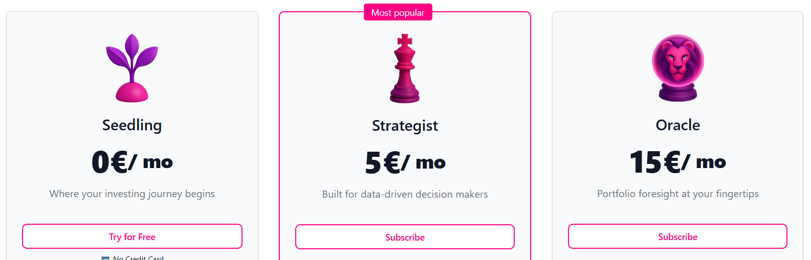 PinkLion pricing tiers showing Seedling, Strategist, and Oracle plans