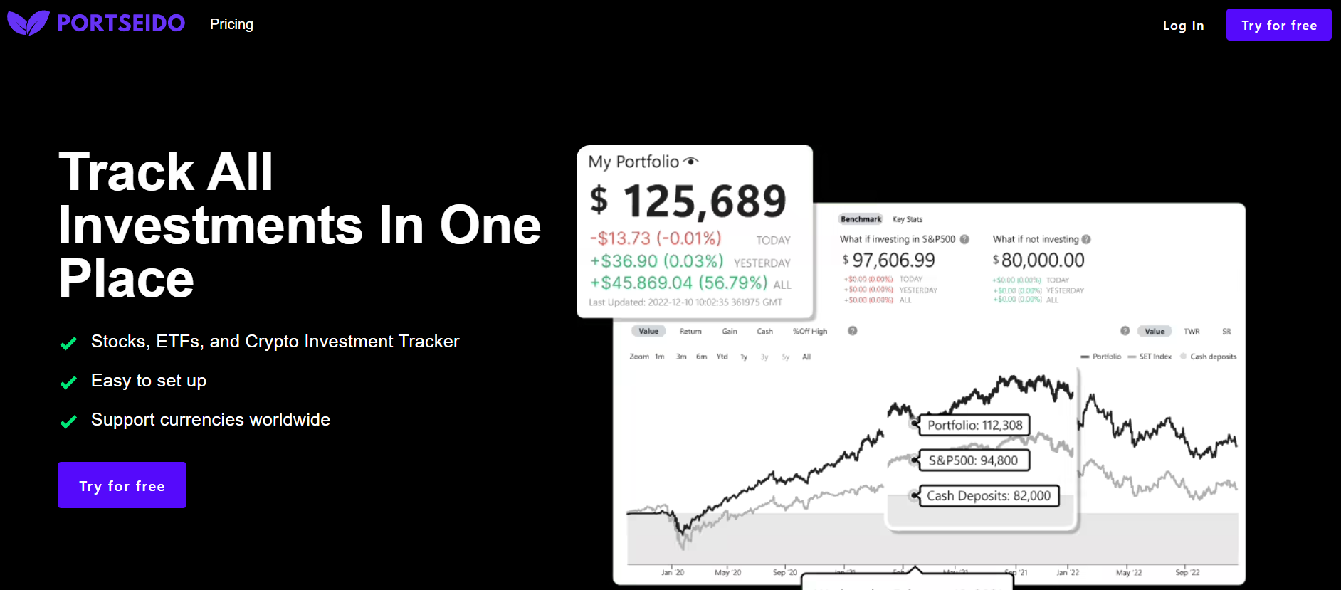 Portseido portfolio tracking platform showing Track All Investments In One Place