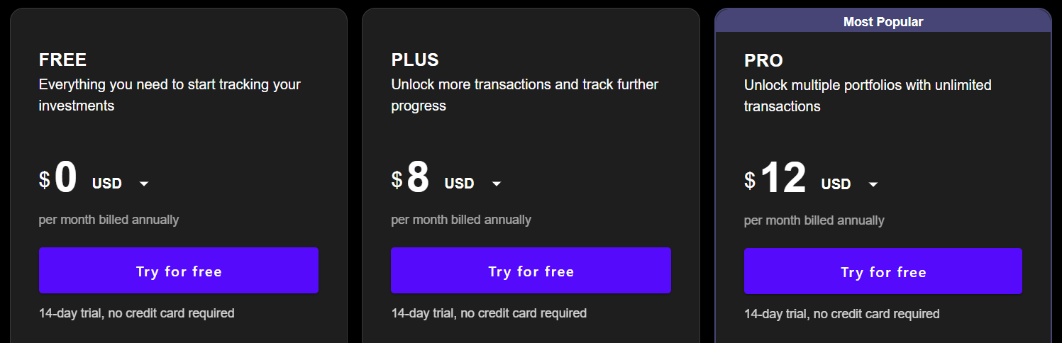 Portseido pricing plans showing Free $0, Plus $8, and Pro $12 monthly options