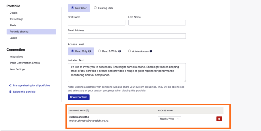 Sharesight portfolio sharing and accountant collaboration interface