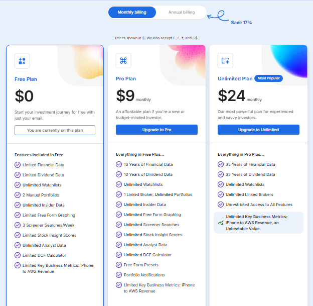 Stock Unlock pricing tiers showing Free, Pro, and Unlimited plans