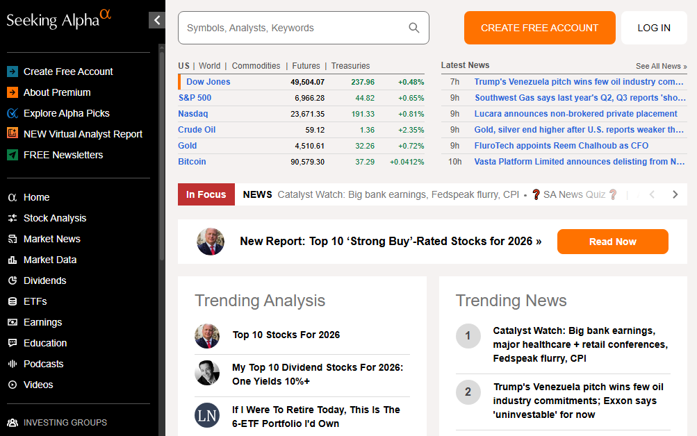 Seeking Alpha homepage showing market indices, navigation menu, Trending Analysis and Trending News sections