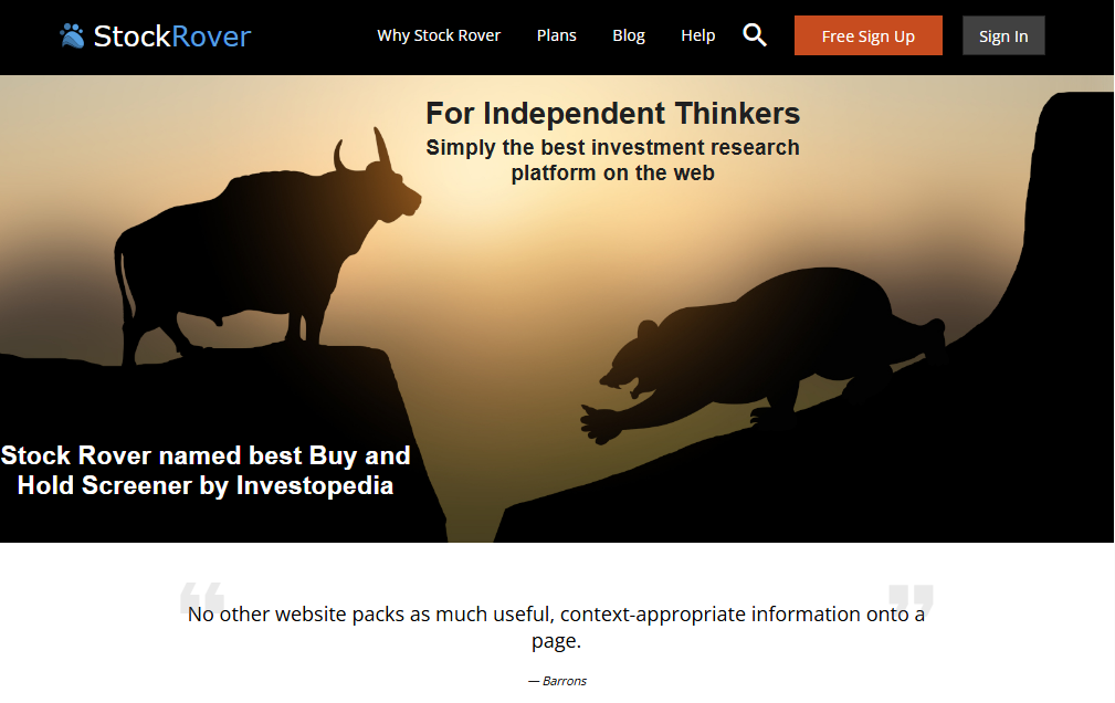 Stock Rover homepage showing the tagline For Independent Thinkers with bull and bear silhouettes at sunset