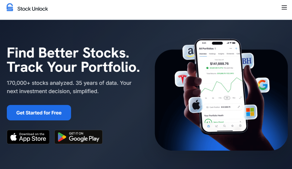 Stock Unlock landing page showing the headline Find Better Stocks, Track Your Portfolio with mobile app screenshots and download links for iOS and Android